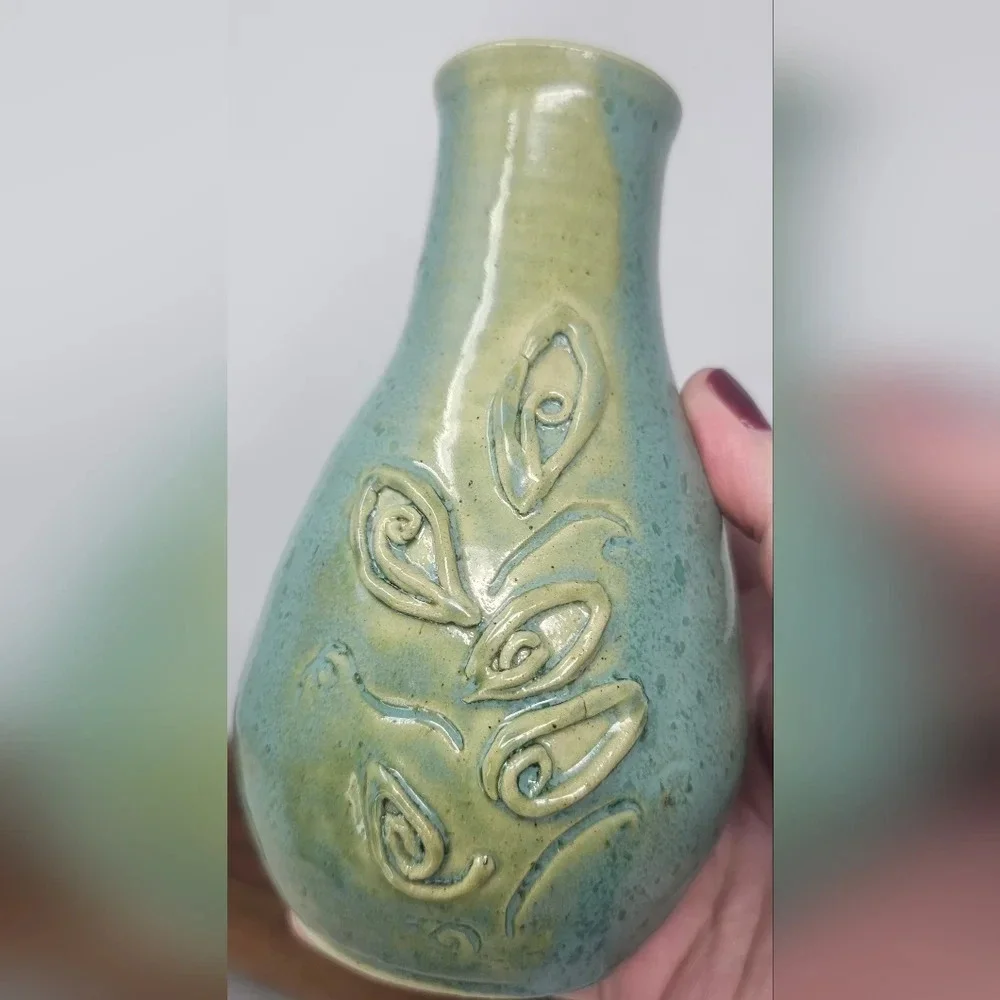 Handmade Pottery Vase Signed By Lana? Green Blue Textured Floral Detailed 6x3
